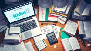 Een rommelig bureau met financiële boeken, laptop en calculator.