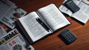 Een open boek, pen, financiële tijdschriften en een rekenmachine op een bureau.
