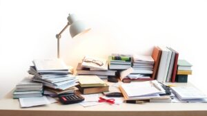 Een rommelig bureau in een gezellig thuiskantoor.