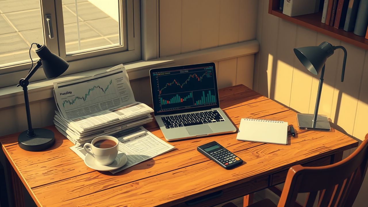 Een gezellige studeerkamer met financi&euml;le kranten, laptop en koffie.