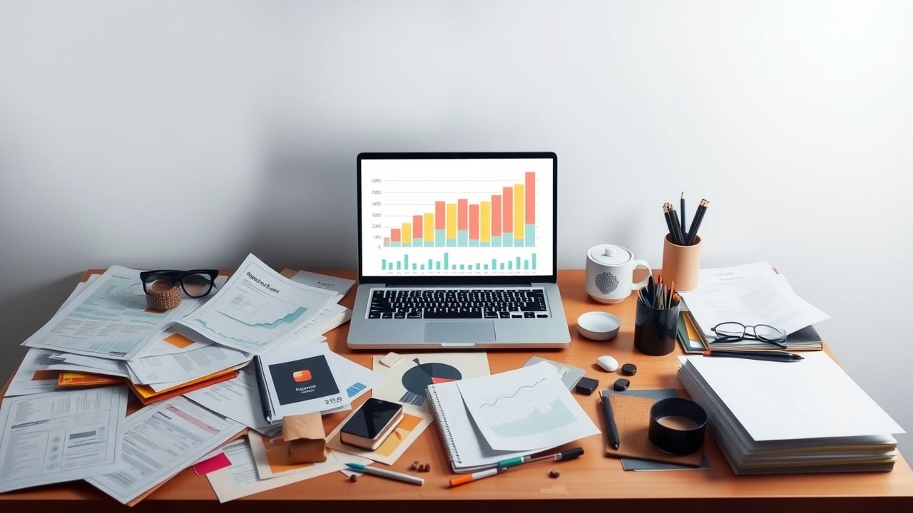 Een rommelig bureau met financiële documenten en een laptop.