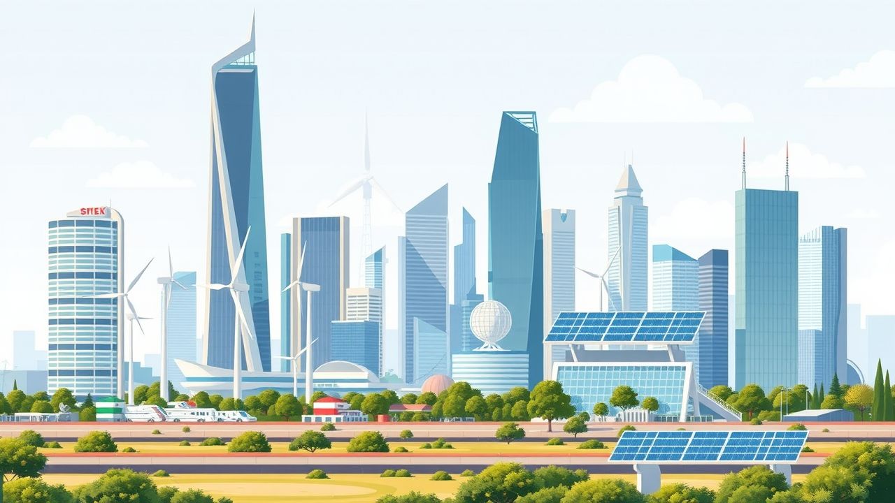 Een futuristische stad met geavanceerde technologie en duurzame energiebronnen. Een futuristische stad met geavanceerde technologie en duurzame energiebronnen.