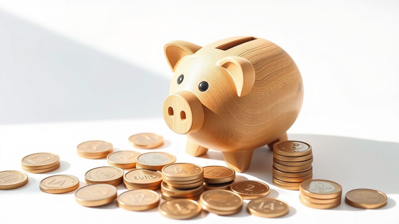 Een houten spaarvarken omringd door munten op een witte achtergrond.