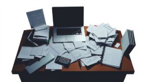 Een rommelig kantoorbureau met documenten en een laptop.