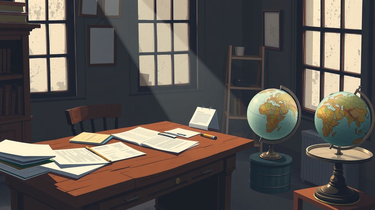 Een rommelig kantoor met houten bureau en globe, symboliseert internationale zakelijke activiteiten.