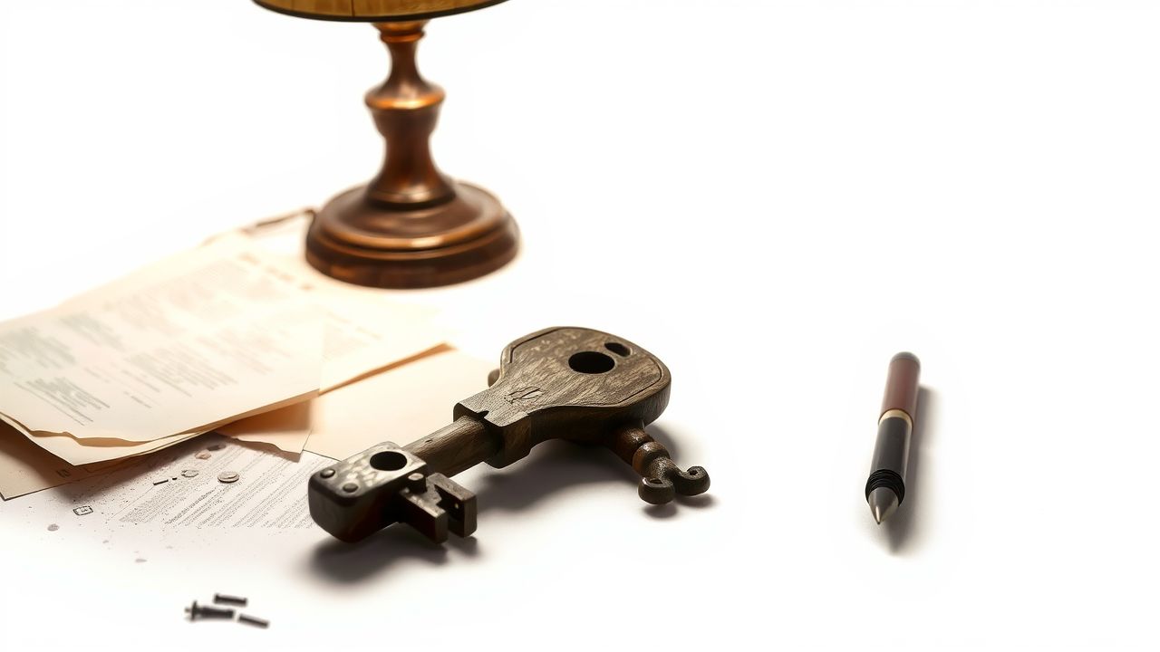 Een oude houten sleutel rust op een rommelig bureau.
