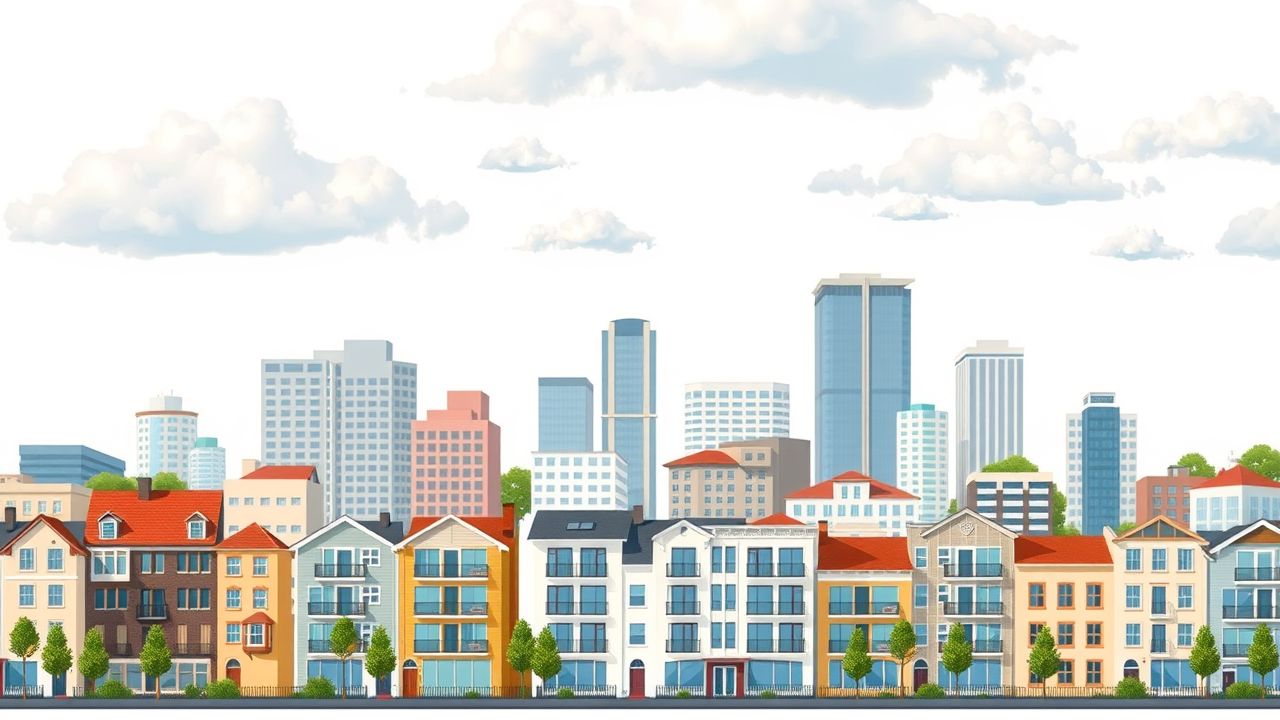 Een stadsgezicht met diverse gebouwen en real estate investeringsmogelijkheden. Een stadsgezicht met diverse gebouwen en real estate investeringsmogelijkheden.