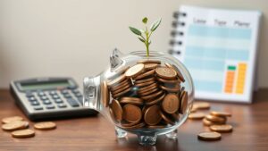 Een transparante spaarpot gevuld met munten en een groeiende plant.