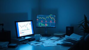 Een rommelig bureau met een computer die real-time aandelenmarktgegevens weergeeft.
