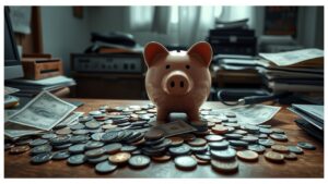 Een rommelig bureau met een spaarvarken en internationale valuta symboliseert economische instabiliteit.