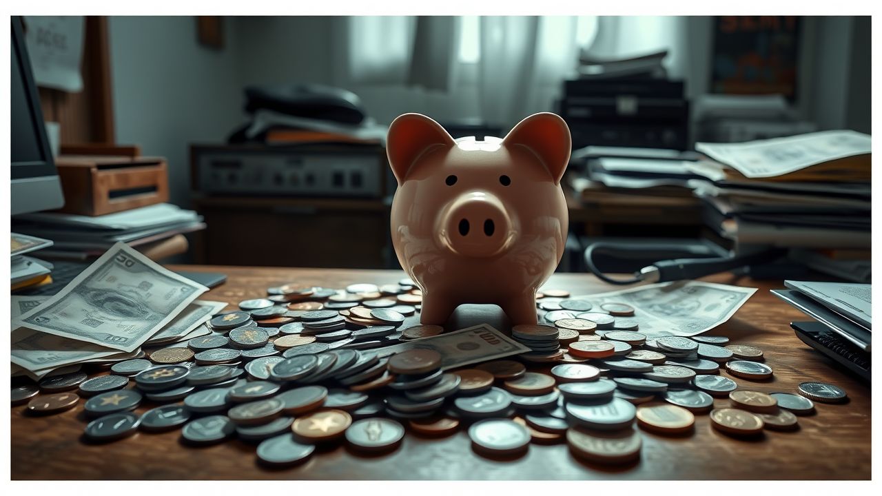Een rommelig bureau met een spaarvarken en internationale valuta symboliseert economische instabiliteit.