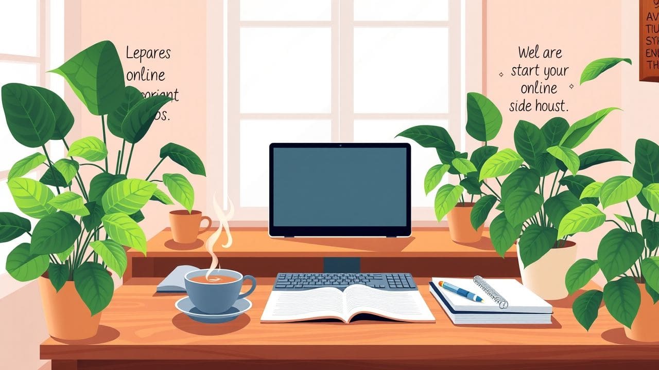 Een gezellig thuiskantoor met laptop, koffie en inspirerende quotes.