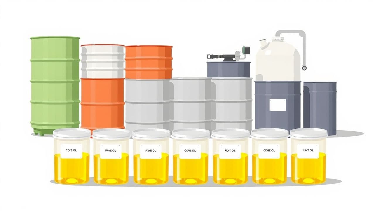 Een recyclingfaciliteit met verzegelde containers en opslagtanks voor gebruikte kookolie.