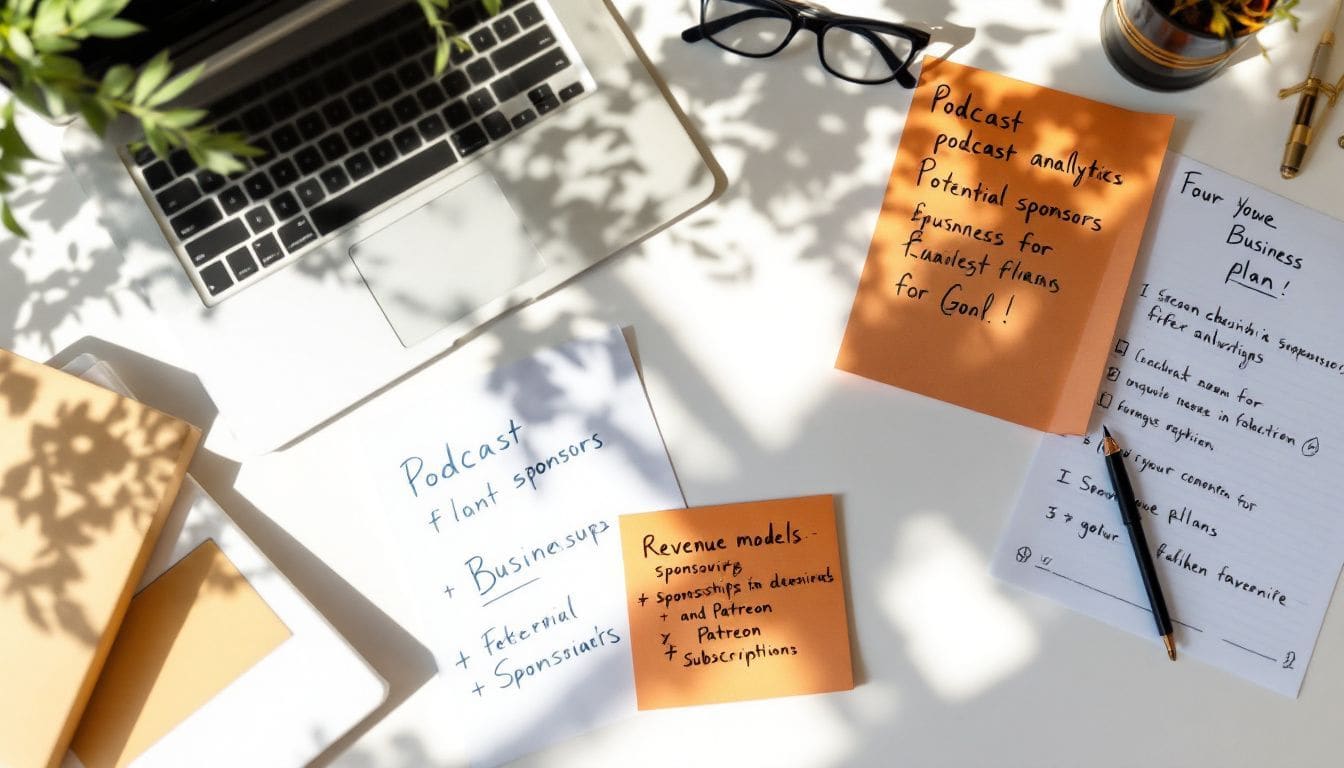 Een rommelig bureau met aantekeningen en een laptop met podcastanalyse.