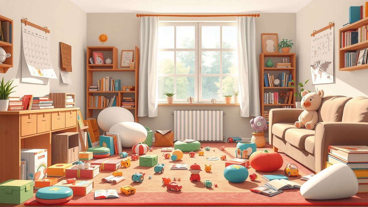 Een gezellige woonkamer vol speelgoed en boeken, met een drukke en georganiseerde uitstraling. Een gezellige woonkamer vol speelgoed en boeken, met een drukke en georganiseerde uitstraling.