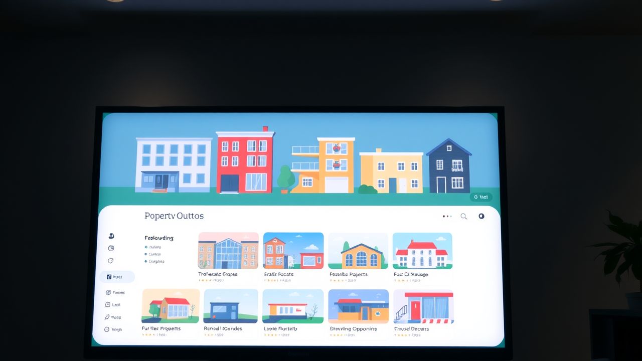 Een digitaal scherm toont diverse vastgoedopties in platte designstijl.