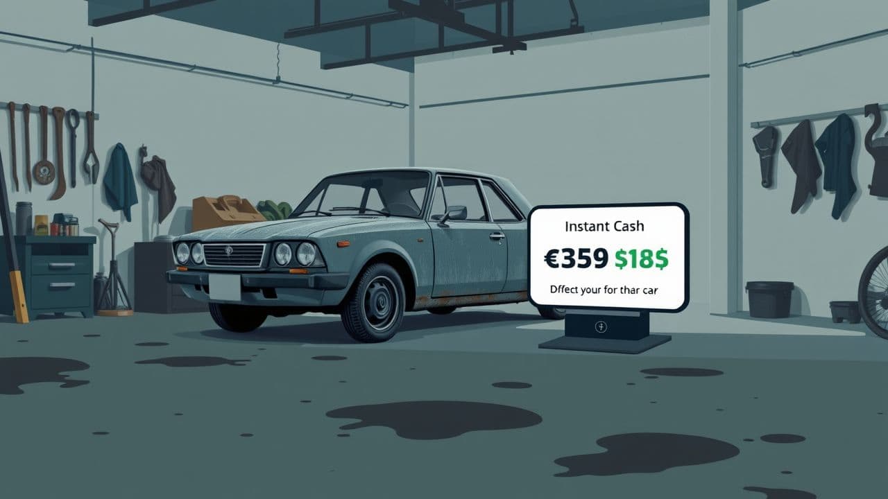 Een oude auto wordt in een garage beoordeeld voor een contant aanbod.