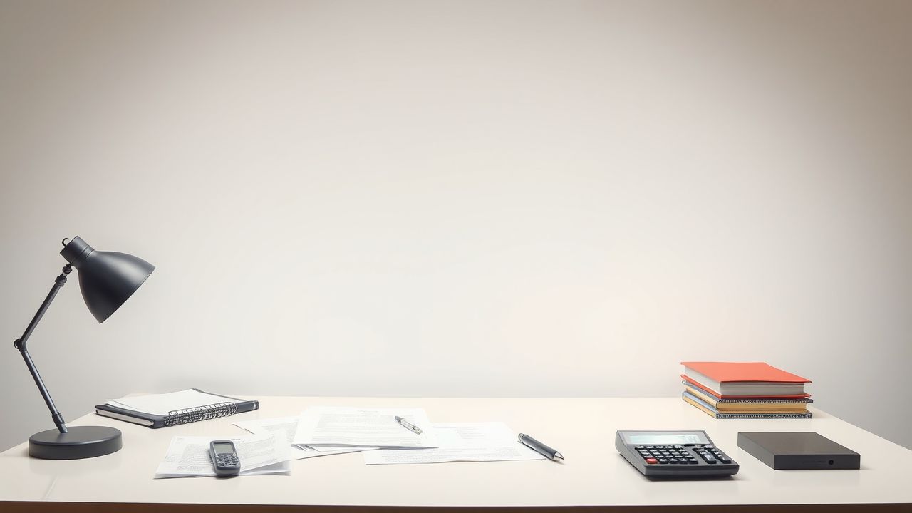 Een rommelig kantoorbureau met documenten en calculators, zonder mensen.