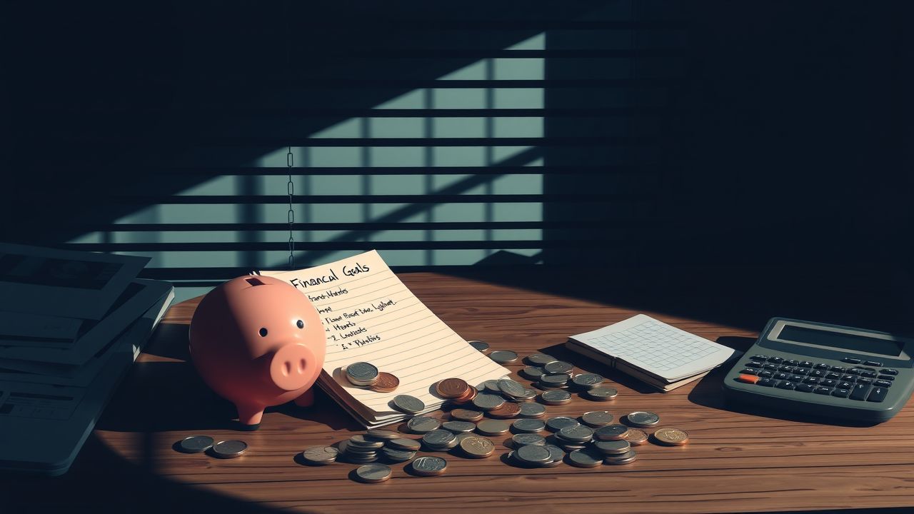 Een rommelig bureau met financiële doelen, munten en een spaarpot. Een rommelig bureau met financiële doelen, munten en een spaarpot.