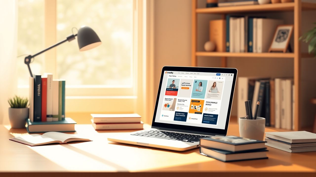 Een gezellig thuiskantoor met laptop en boeken voor affiliate marketing. Een gezellig thuiskantoor met laptop en boeken voor affiliate marketing.