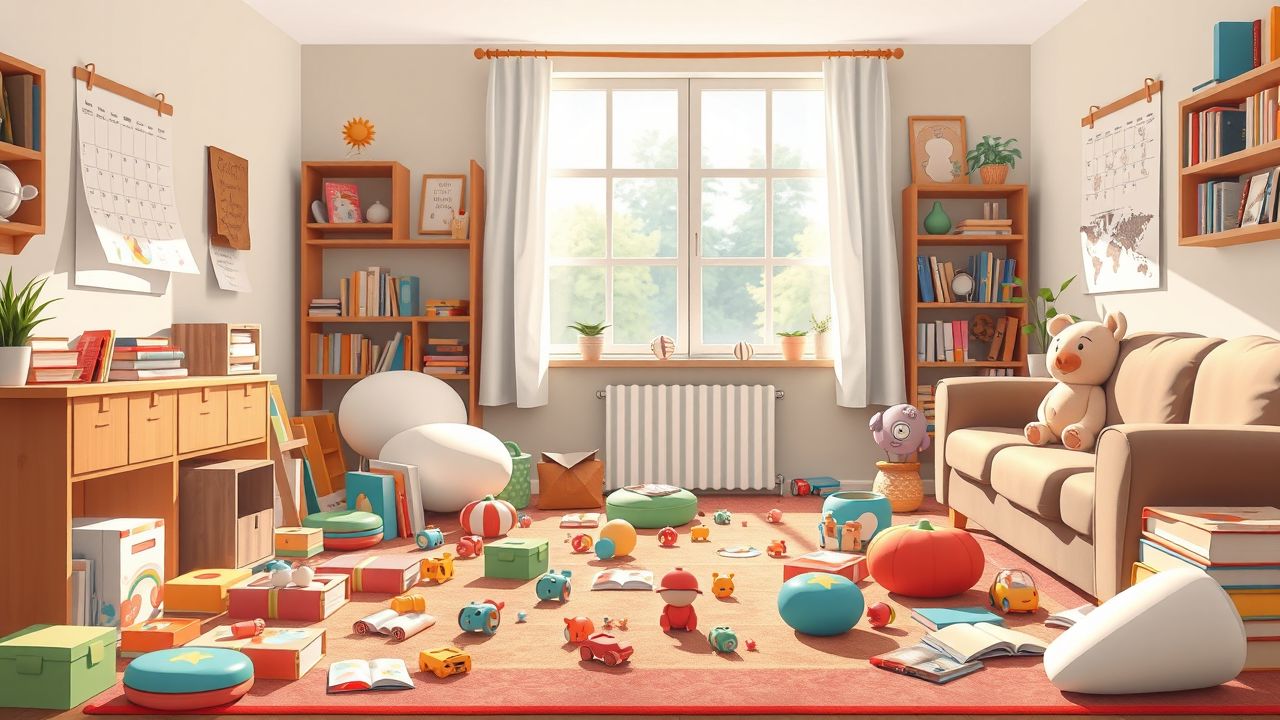 Een gezellige woonkamer vol speelgoed en boeken, met een drukke en georganiseerde uitstraling.